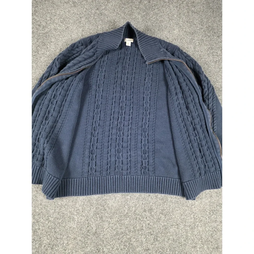 L.L.Bean Sweater Mens XL Navy Blue Cable Knit Full Zip Mock Neck Cardigan Cotton